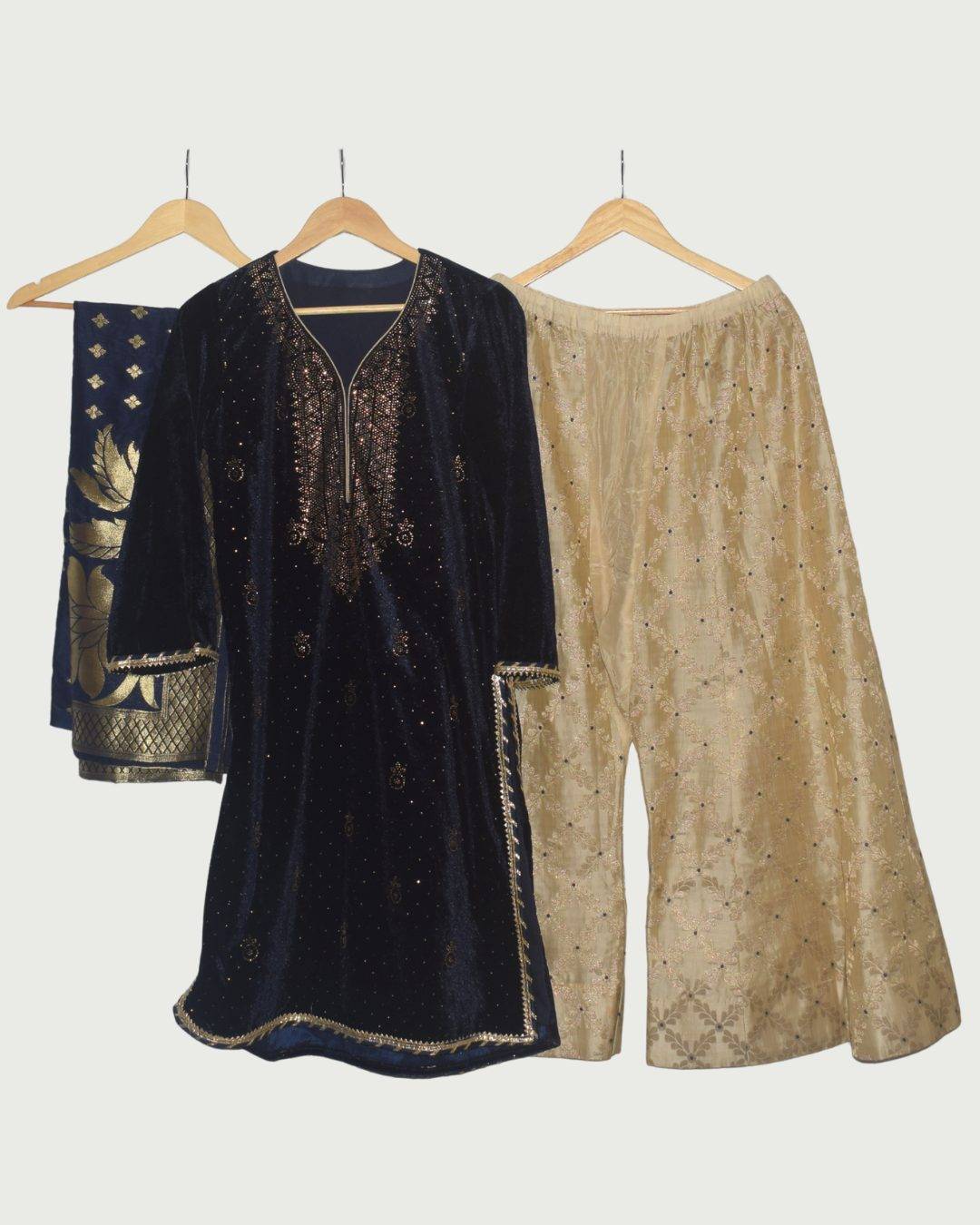 Colours & Curves Midnight Blue Velvet Kurta with Gold Sharara & Dupatta, Unused
