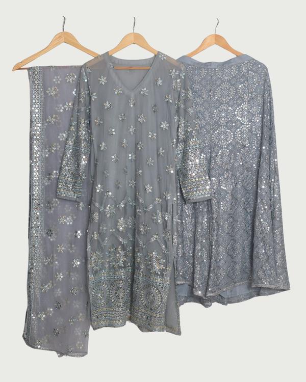 Colours & Curves Grey Mirror Work Kurta & Pant Set, Unused