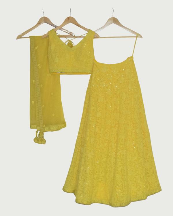 Rinai Ensemble Sunshine Yellow Embroidered Lehenga Set, Like New