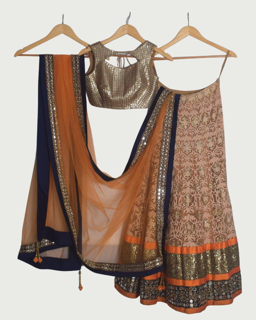 Navy, Gold & Orange Festive Lehenga Set, Gently Used