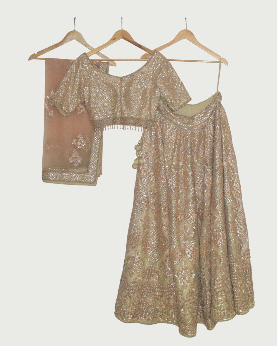 Priyanka & Poonam Gold & Blush Pink Heavy Embellished Lehenga Set, Like New