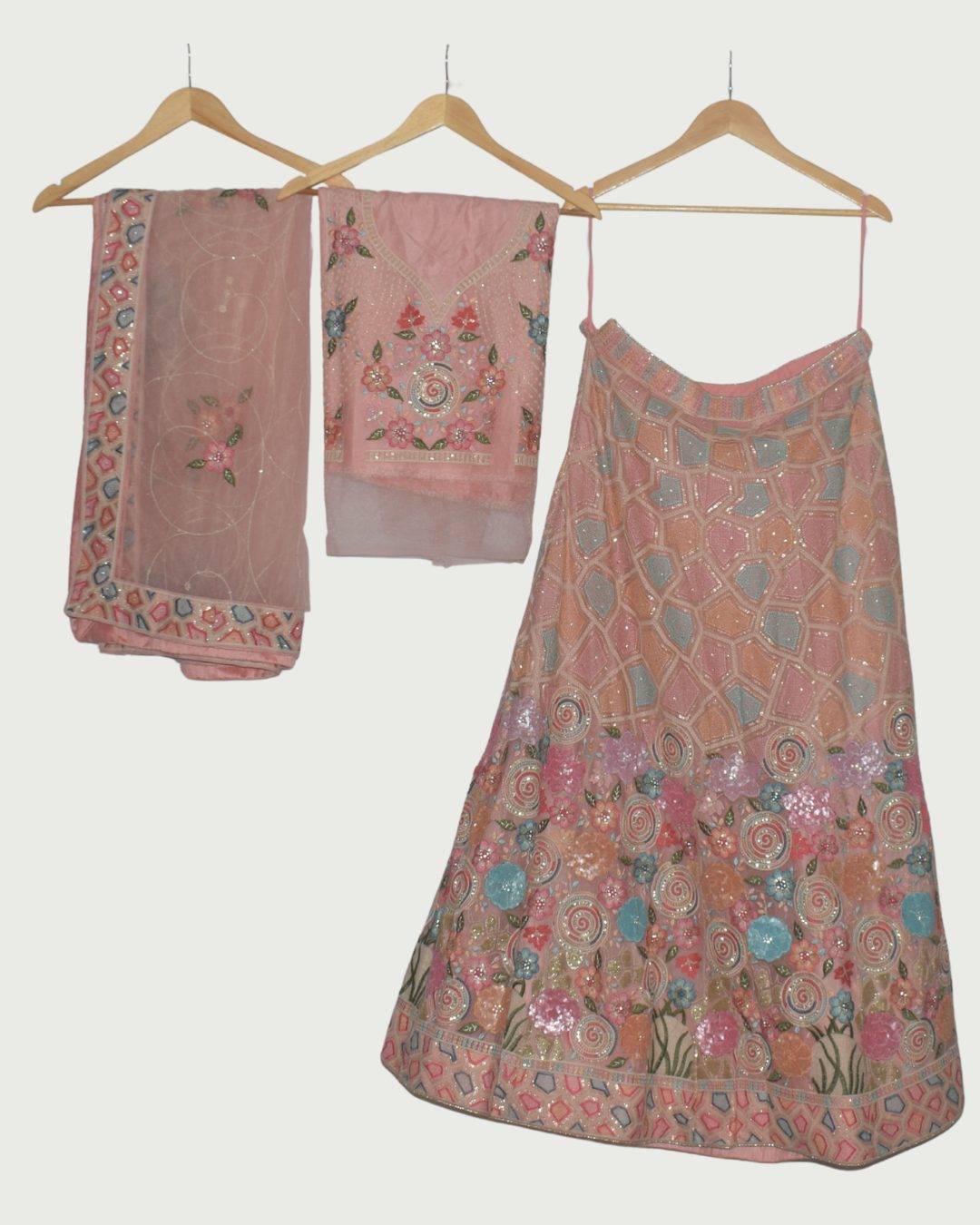 Dipti Amisha Blush Pink Multi-Colour Floral Lehenga Set, Unused