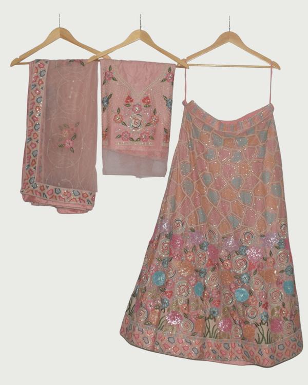 Dipti Amisha Blush Pink Multi-Colour Floral Lehenga Set, Unused