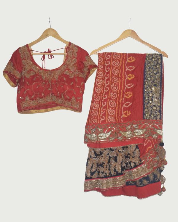 Vintage Red & Navy Embroidered Saree with Blouse, Gently Used