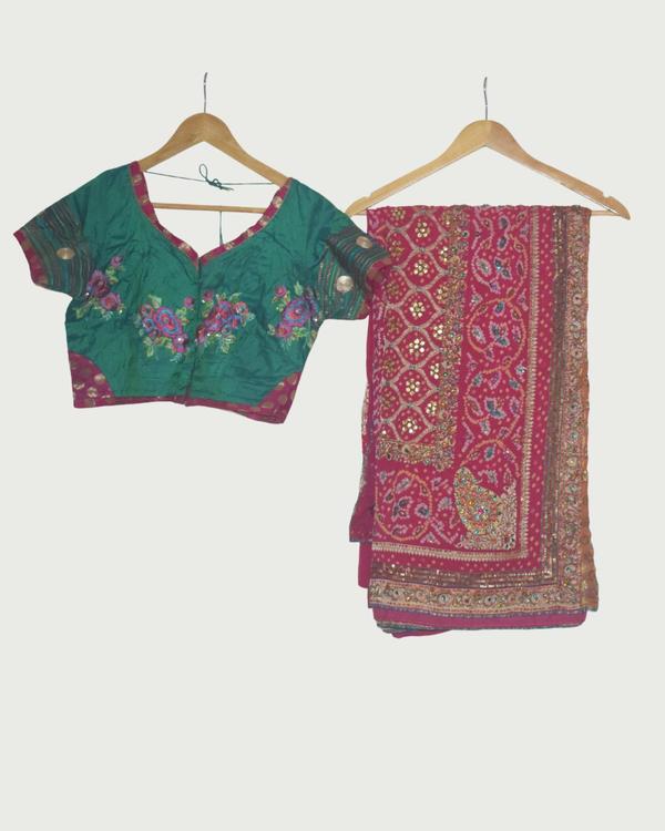 Vintage Pink & Orange Embroidered Saree with Contrast Green Blouse, Gently Used