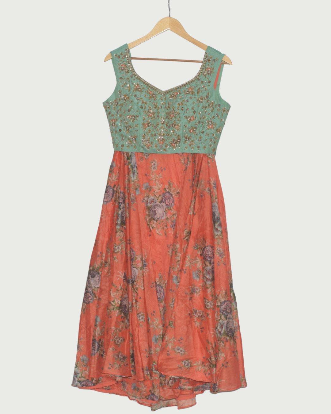 Dipti Amisha Mint & Orange Floral Print Lehenga Set with Jacket, Unused