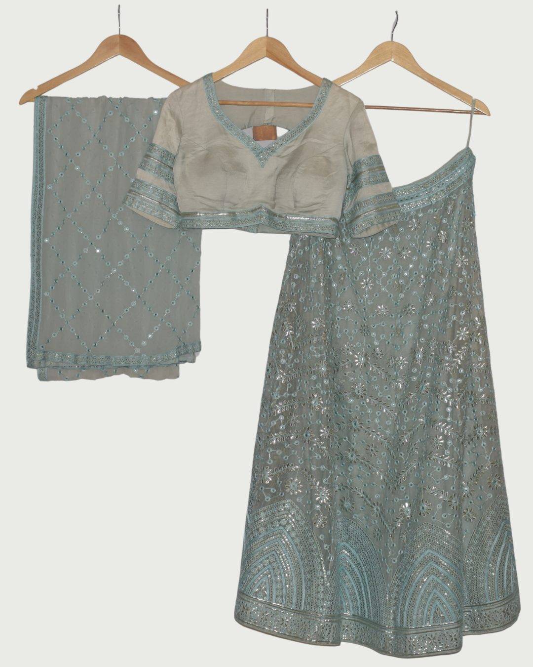 Dipti Amisha Light Blue and Cream Mirror Work Lehenga Set, Unused