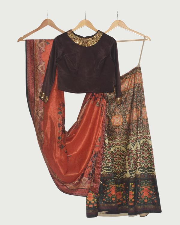 Dipti Amisha Rust & Brown Printed Lehenga Set with Embellished Blouse, Unused