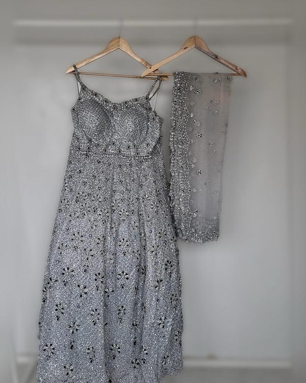 Seema Gujral Silver Crystal Embroidered Lehenga Set, Like New