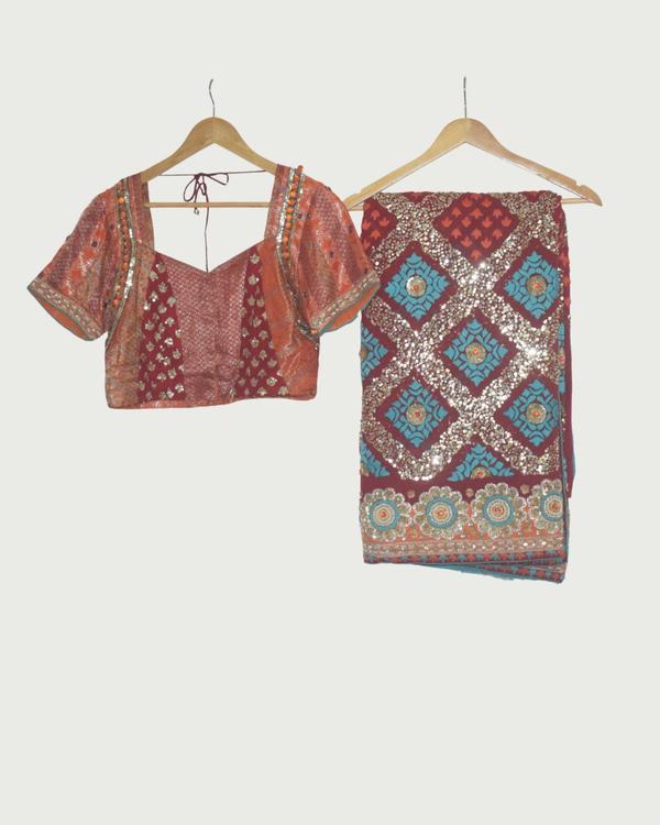 Vintage Maroon & Teal Saree with Embellished Blouse, Gently Used