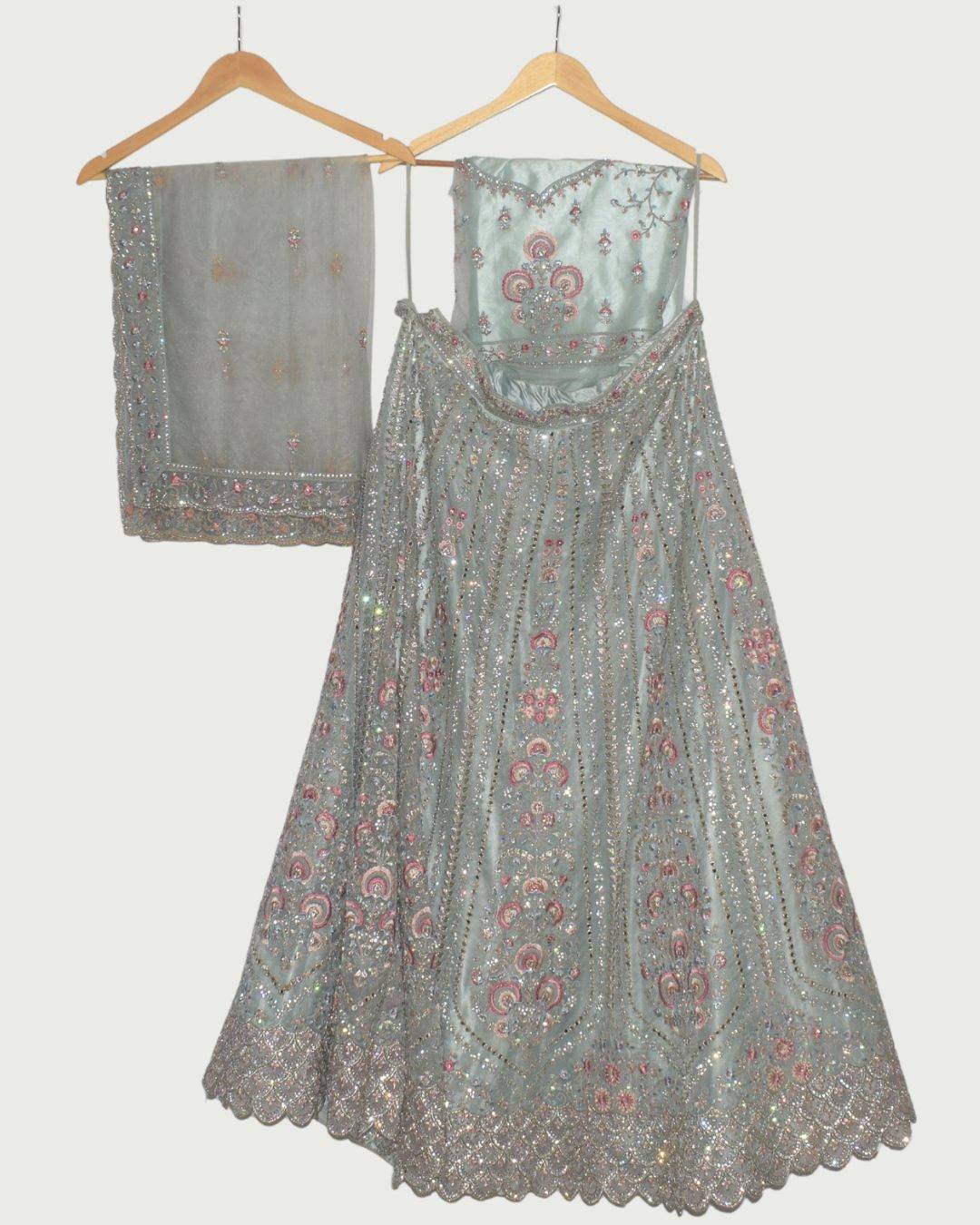 Dipti Amisha Dusty Blue & Pink Floral Bridal Lehenga, Unused
