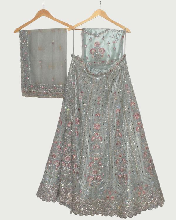 Dipti Amisha Dusty Blue & Pink Floral Bridal Lehenga, Unused