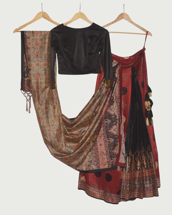 Dipti Amisha Red & Black Printed Lehenga Set, Unused
