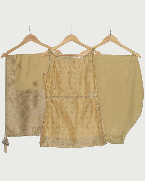 Golden Yellow Mirror Work Kurta with Dhoti Pants & Dupatta, Unused
