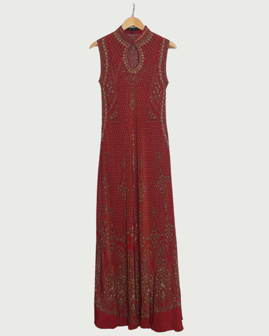Nirraamyaa Red Floor-Length Ethnic Gown with High Neckline, Like New