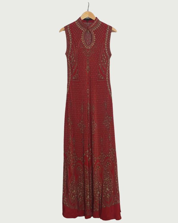 Nirraamyaa Red Floor-Length Ethnic Gown with High Neckline, Like New