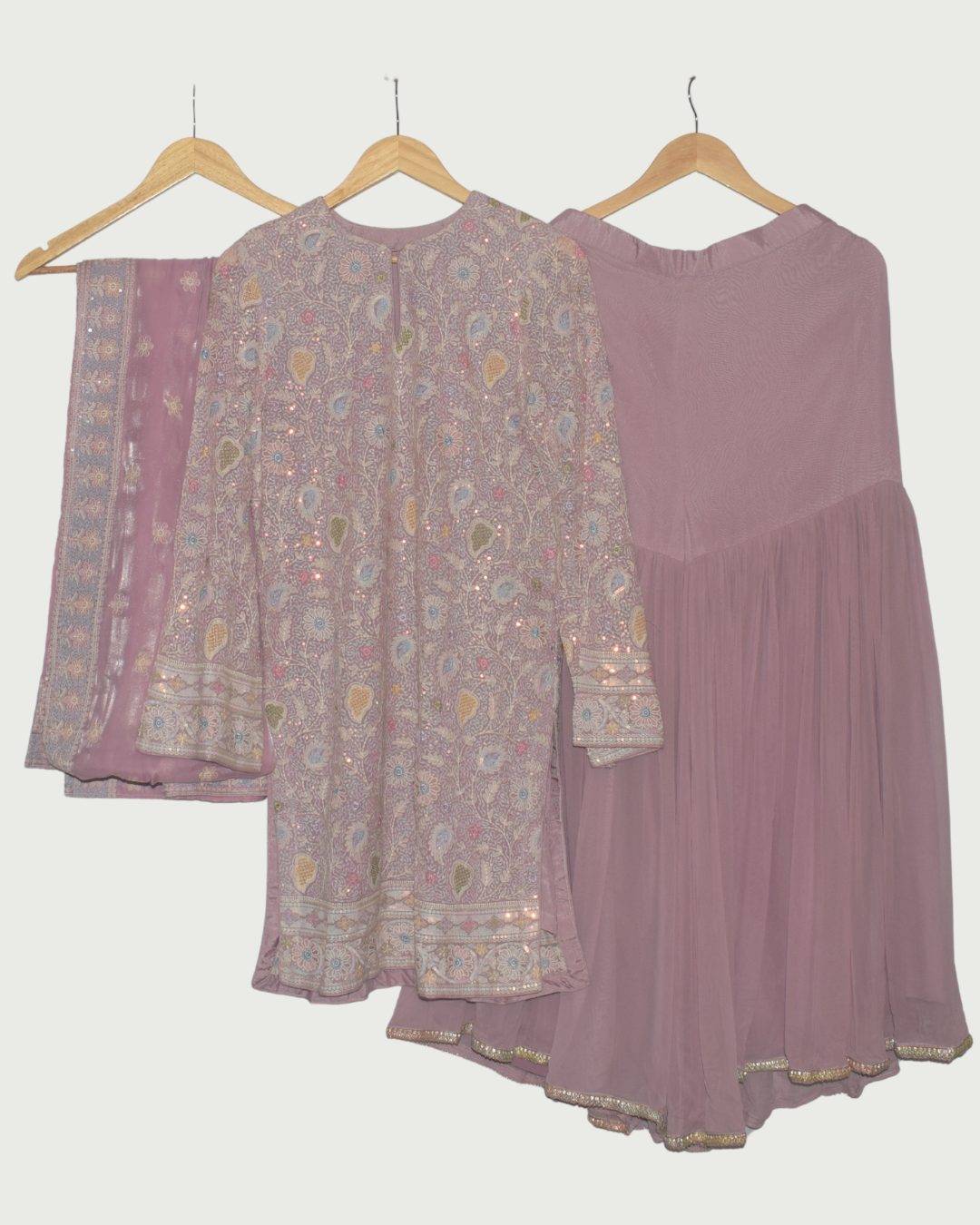Colours & Curves Floral Sequin Kurta with Sharara & Dupatta, Unused
