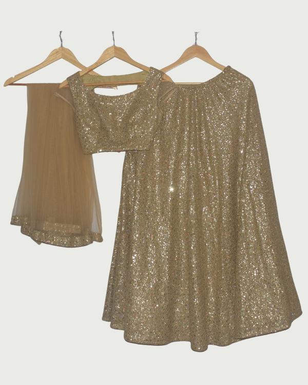 Golden Sequin Lehenga with Blouse & Net Dupatta, Gently Used