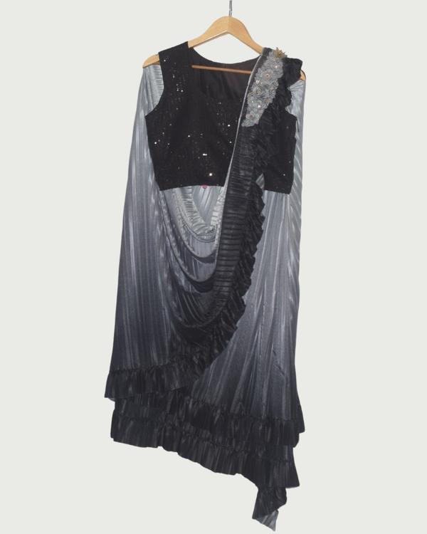 Dipti Amisha Black & Silver Sequin Pre-Draped Saree, Unused