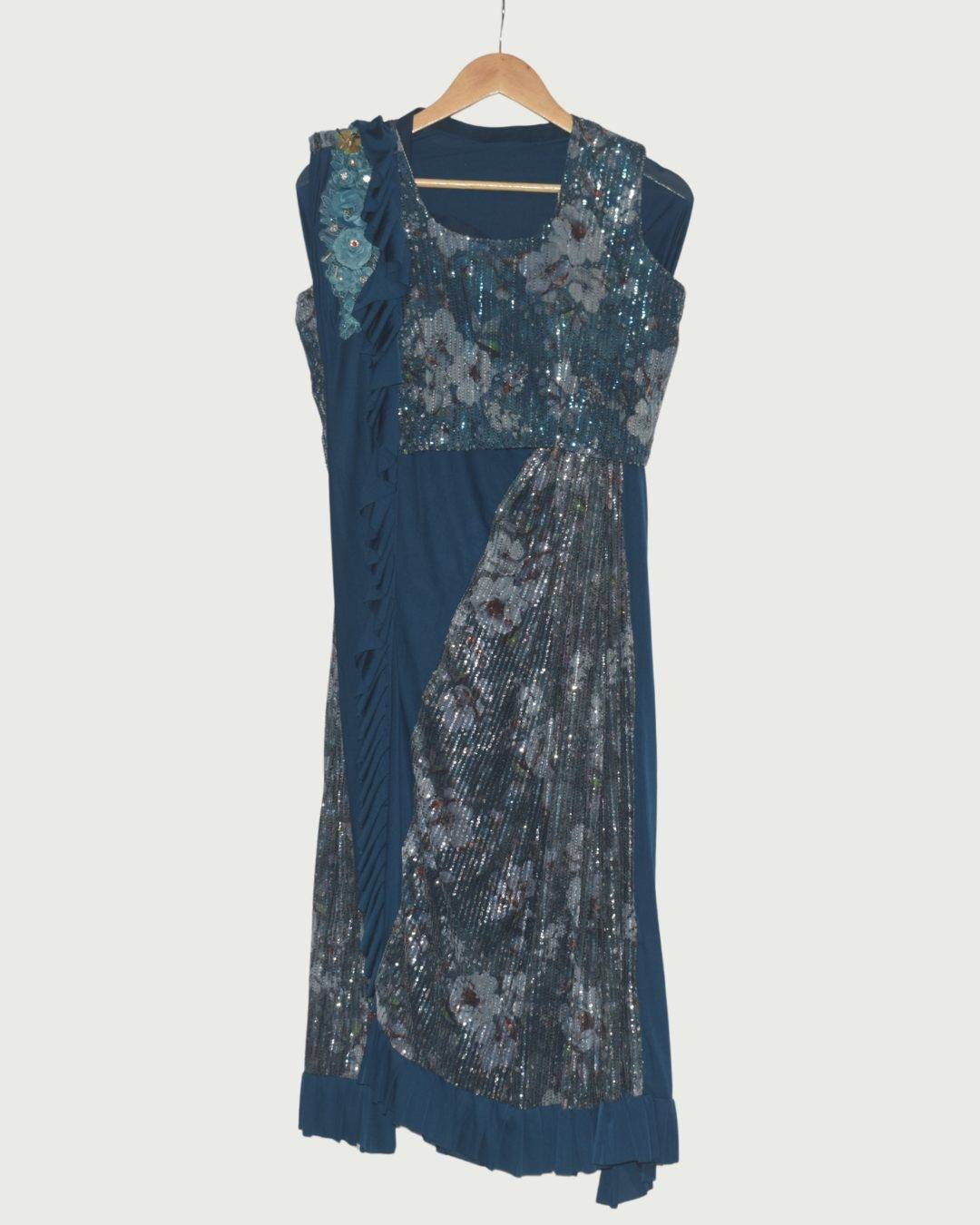 Dipti Amisha Teal Sequin Pre-Draped Saree, Unused