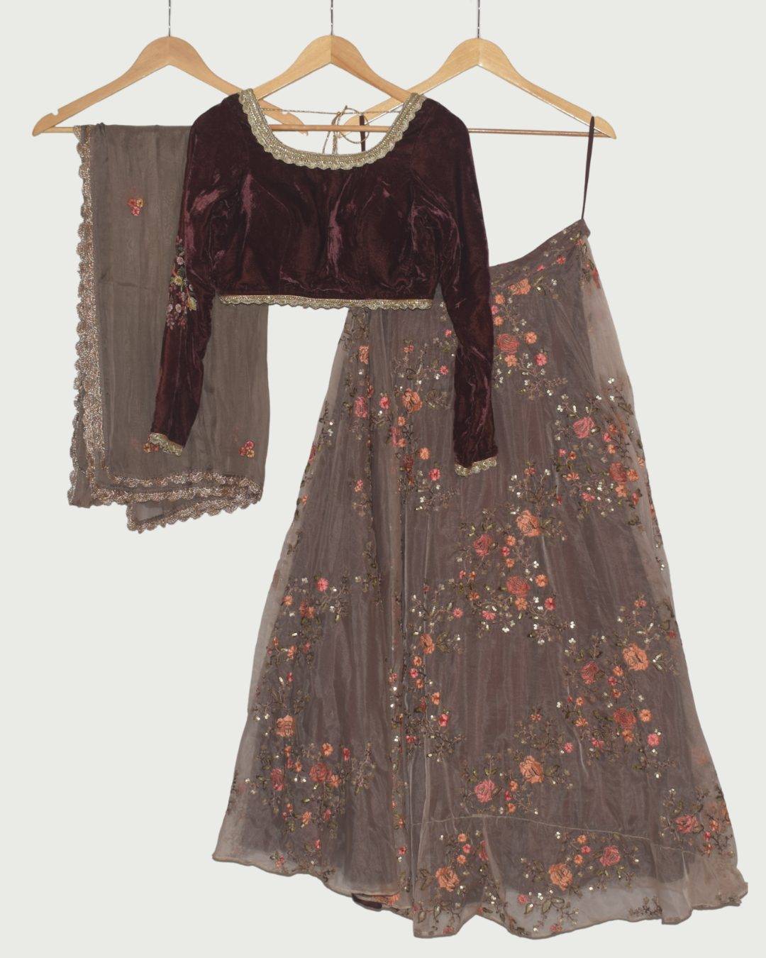 Dipti Amisha Maroon Velvet & Floral Lehenga Set, Unused