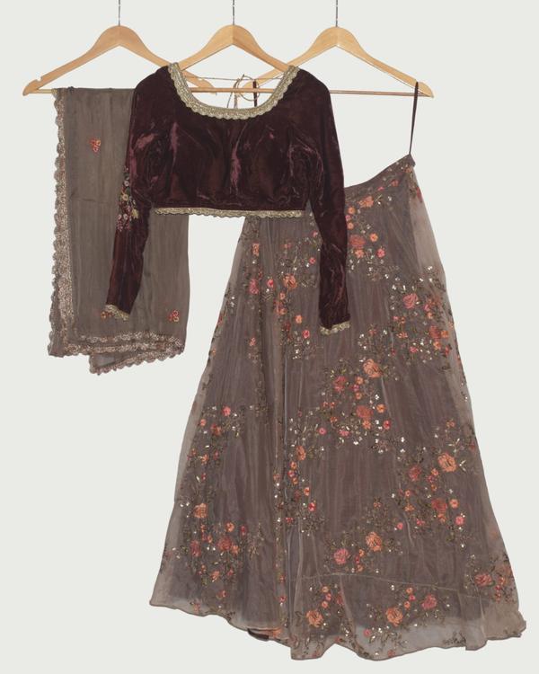 Dipti Amisha Maroon Velvet & Floral Lehenga Set, Unused